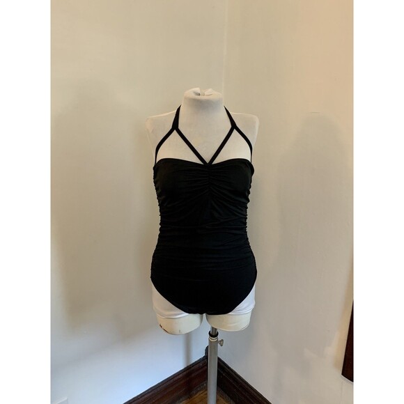 Kamali Kulture Shirred Waist Mio  One Piece Swim Ruched Black Large Halter Cut - Picture 2 of 13